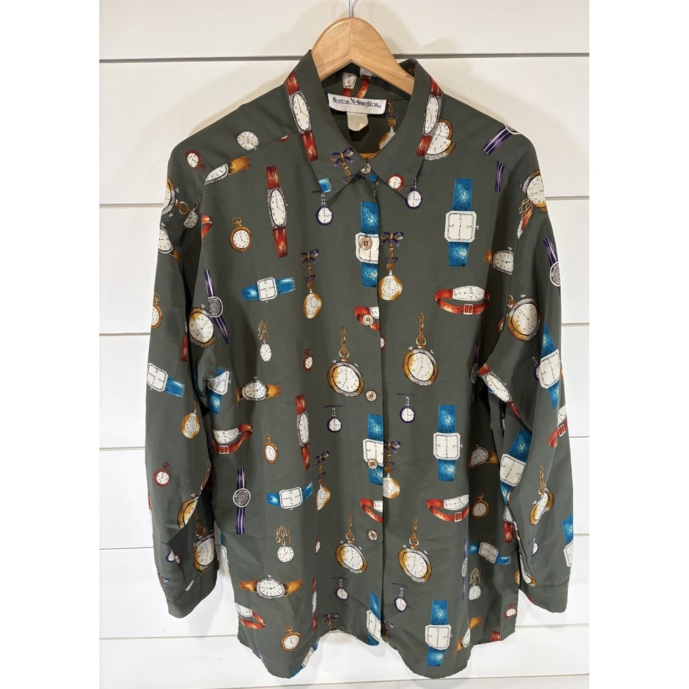 Vintage Norton McNaughton Silk Long Sleeve Button Down Shirt Women's L/XL Clocks